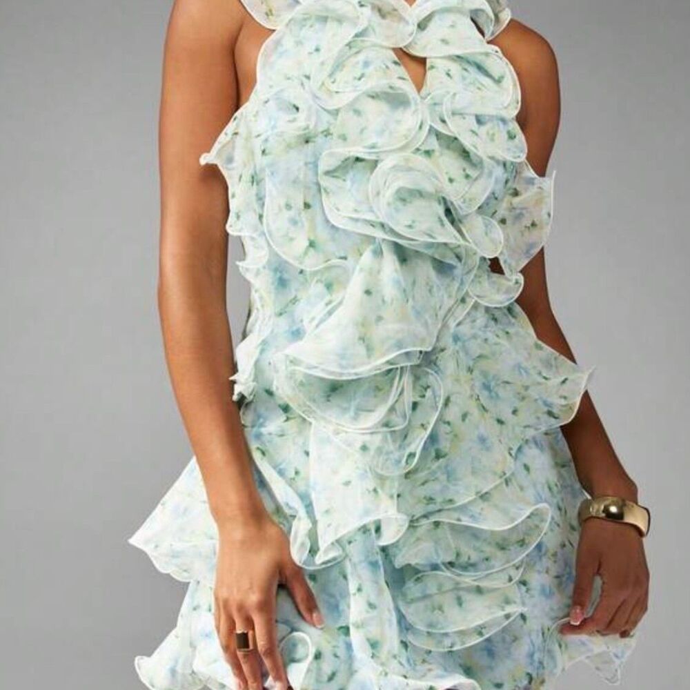 Missguided NWOT Mint Green Floral Ruffle Mini Dress XS Sleeveless Tiered